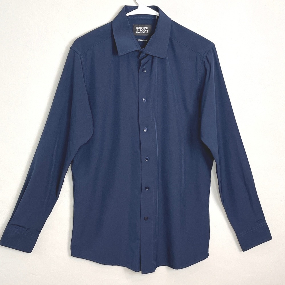 Scotch Soda Amsterdam Mens Modern Fit Dress Shirt Navy Blue Casual Semiformal